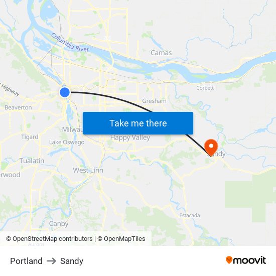 Portland to Sandy map
