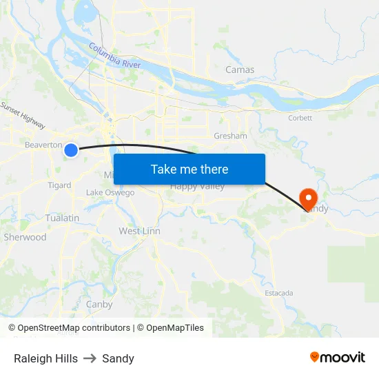 Raleigh Hills to Sandy map