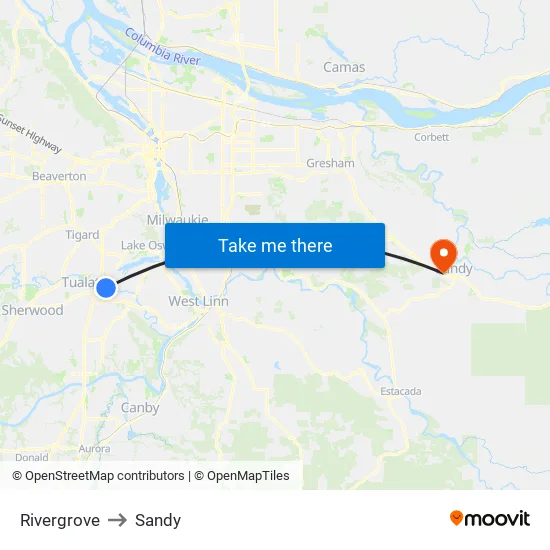 Rivergrove to Sandy map