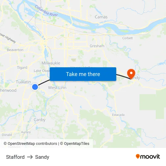 Stafford to Sandy map