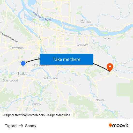 Tigard to Sandy map