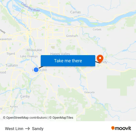 West Linn to Sandy map