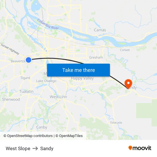 West Slope to Sandy map