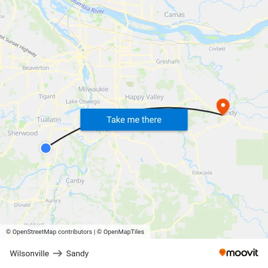 Wilsonville to Sandy map