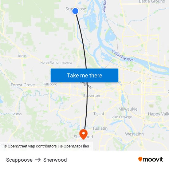 Scappoose to Sherwood map