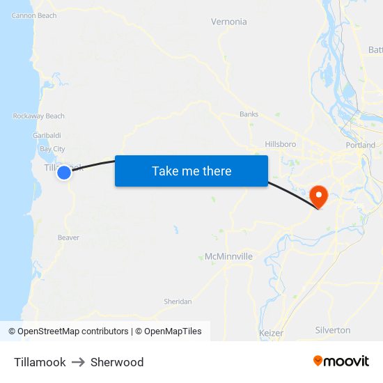 Tillamook to Sherwood map