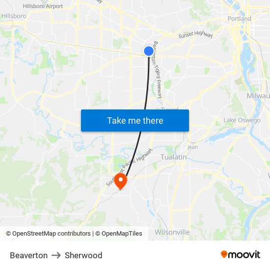 Beaverton to Sherwood map
