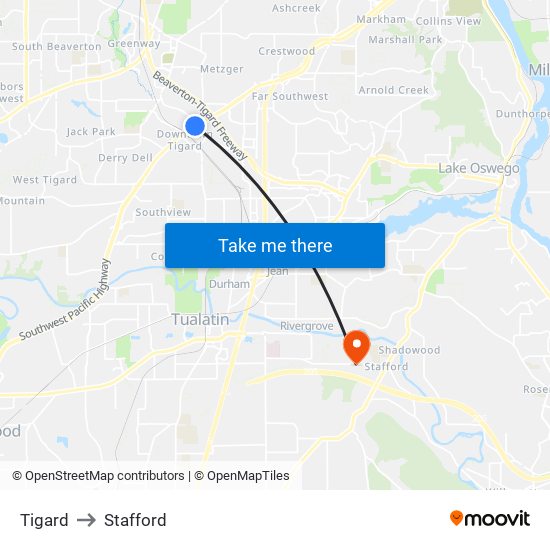 Tigard to Stafford map