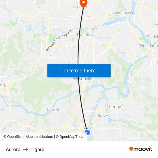 Aurora to Tigard map