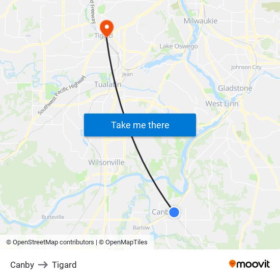 Canby to Tigard map