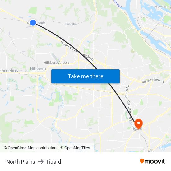 North Plains to Tigard map