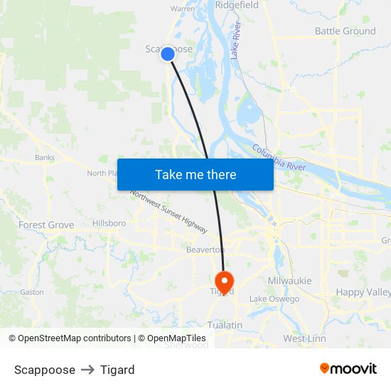 Scappoose to Tigard map