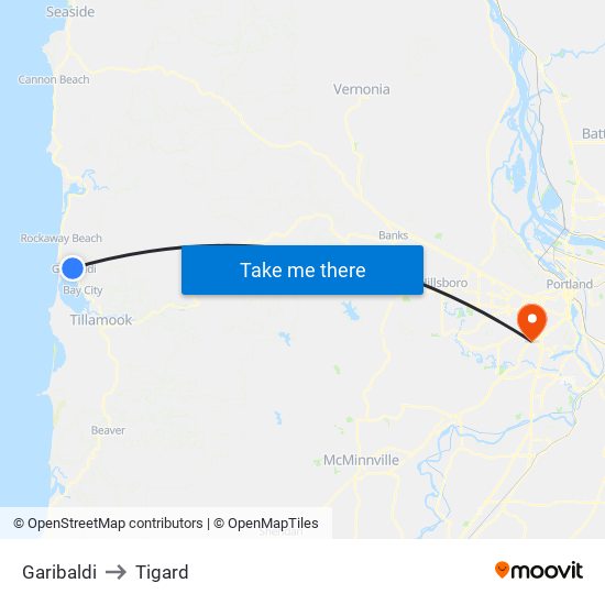 Garibaldi to Tigard map