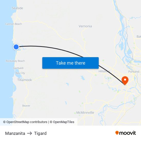 Manzanita to Tigard map