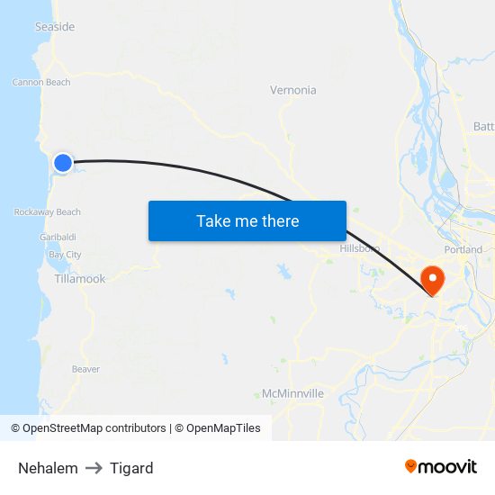 Nehalem to Tigard map