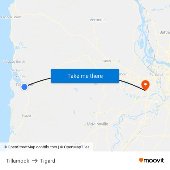 Tillamook to Tigard map