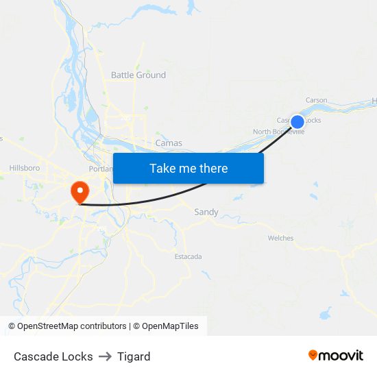 Cascade Locks to Tigard map