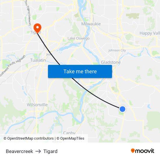 Beavercreek to Tigard map
