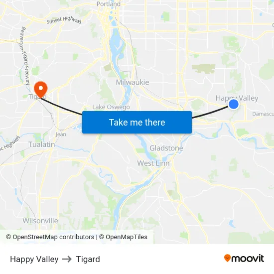 Happy Valley to Tigard map