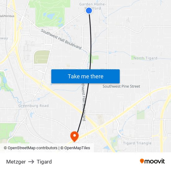 Metzger to Tigard map