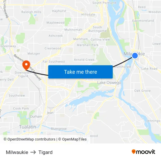 Milwaukie to Tigard map
