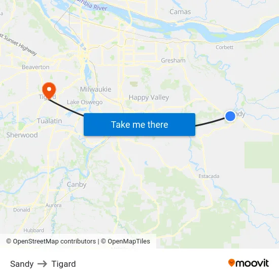 Sandy to Tigard map