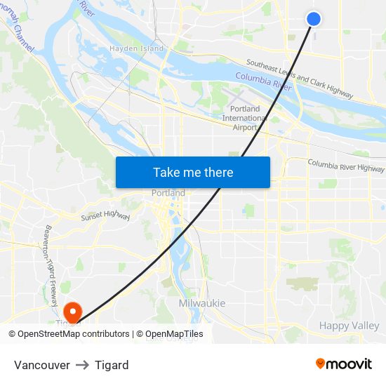 Vancouver to Tigard map