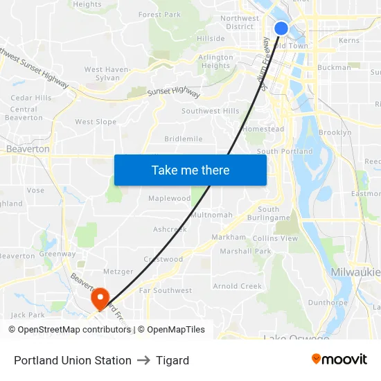 Portland Union Station to Tigard map