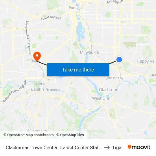Clackamas Town Center Transit Center Station to Tigard map