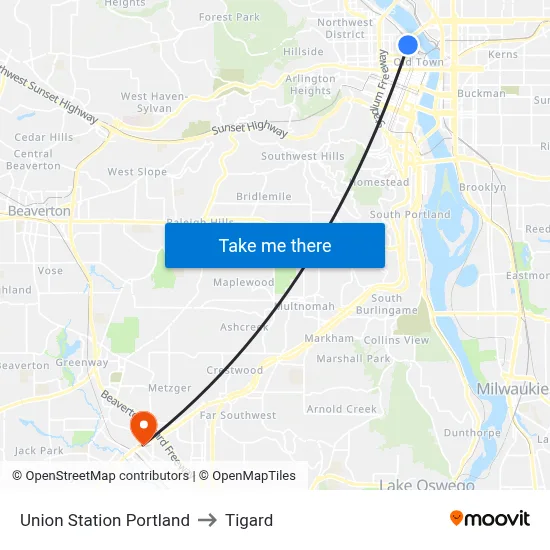 Union Station Portland to Tigard map