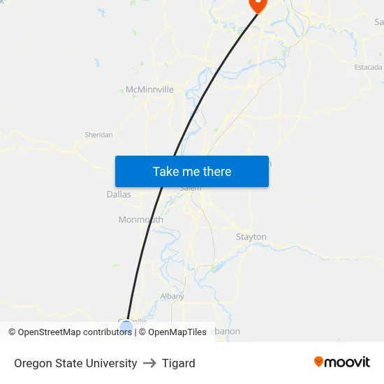 Oregon State University to Tigard map