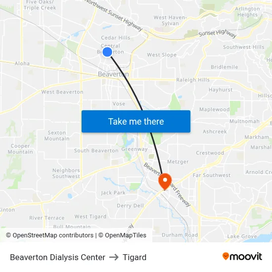 Beaverton Dialysis Center to Tigard map