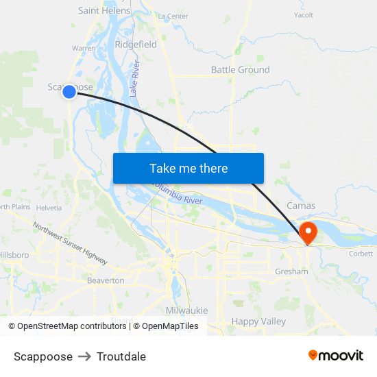 Scappoose to Troutdale map