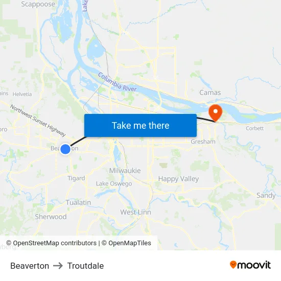Beaverton to Troutdale map