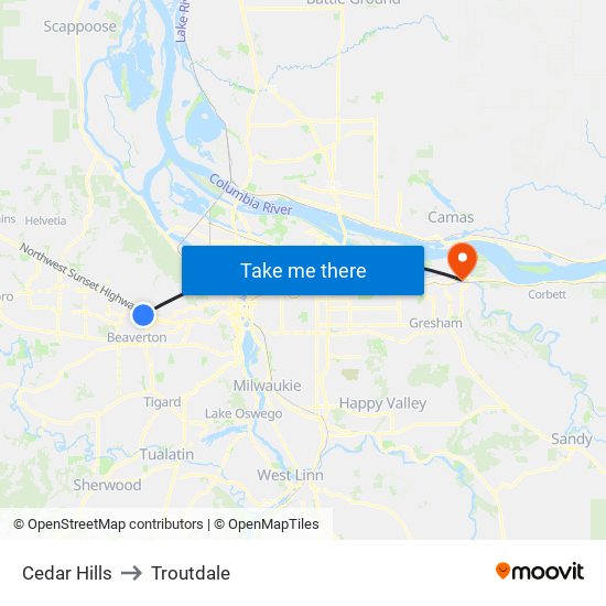 Cedar Hills to Troutdale map