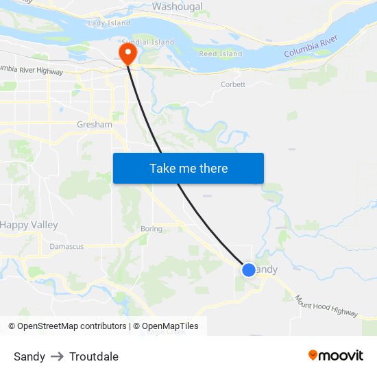 Sandy to Troutdale map