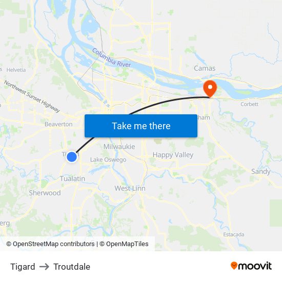 Tigard to Troutdale map