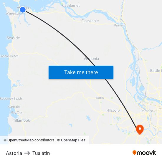 Astoria to Tualatin map