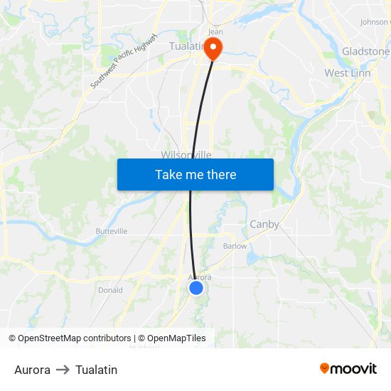 Aurora to Tualatin map