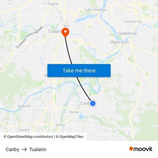 Canby to Tualatin map