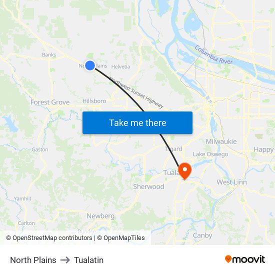 North Plains to Tualatin map