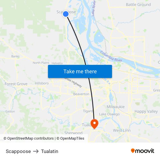 Scappoose to Tualatin map