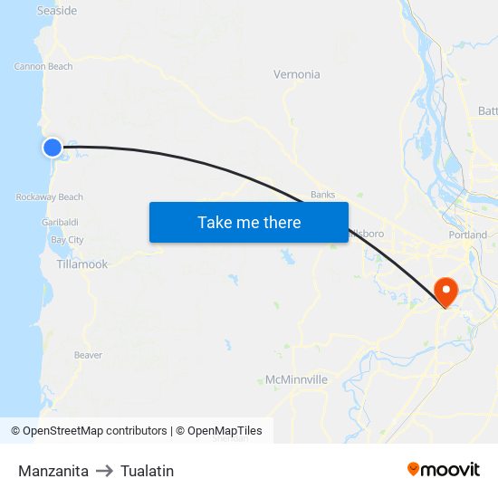 Manzanita to Tualatin map