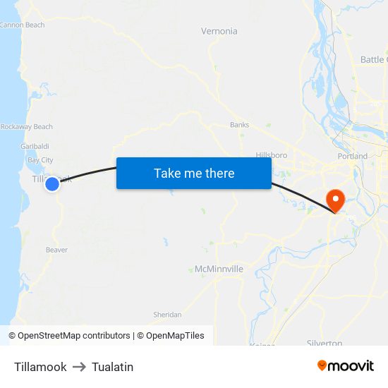 Tillamook to Tualatin map