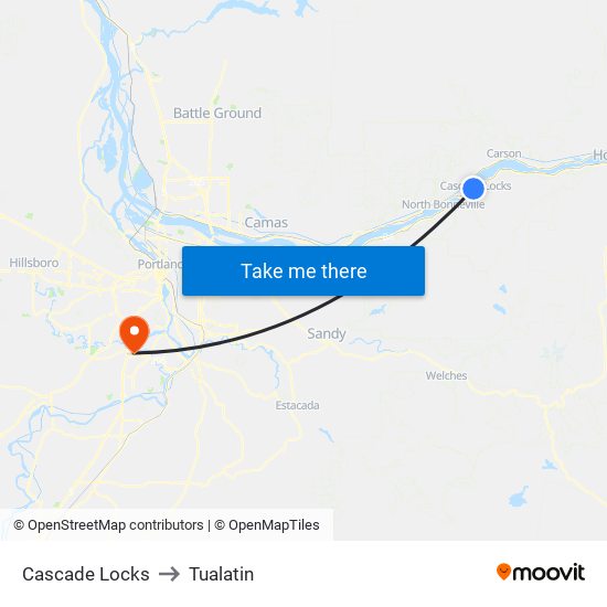Cascade Locks to Tualatin map