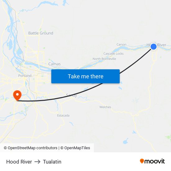 Hood River to Tualatin map
