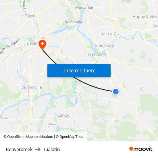 Beavercreek to Tualatin map