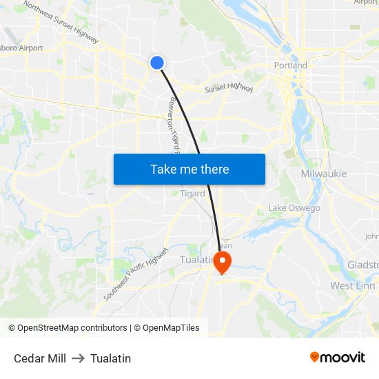 Cedar Mill to Tualatin map