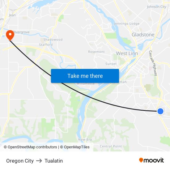 Oregon City to Tualatin map