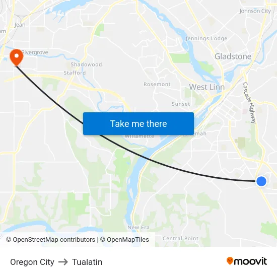 Oregon City to Tualatin map